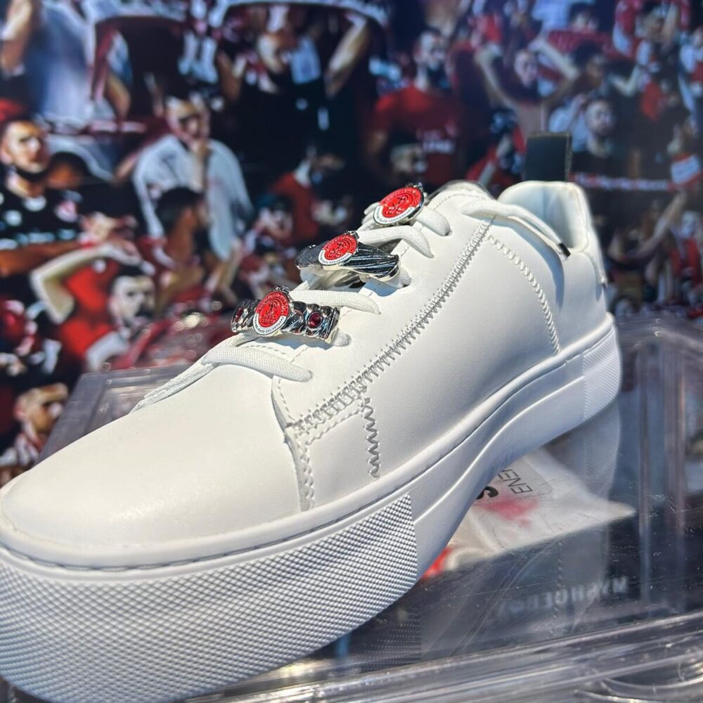 זוג תכשיטים לנעליים מכסף עם לוגו של קבוצת כדורגל הפועל תל אביב זוג תכשיטים לנעליים מכסף עם לוגו של קבוצת כדורגל הפועל תל אביב על נעל סניקרס לבנה