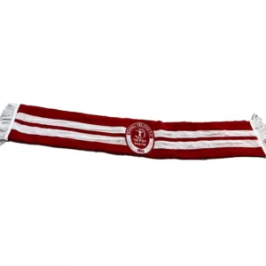 צעיף צמר פסים לבנים על רקע אדום עם לוגו הפועל תל אביב מצד אחד ומהצד השני כיתוב "רגש שלא נגמר"